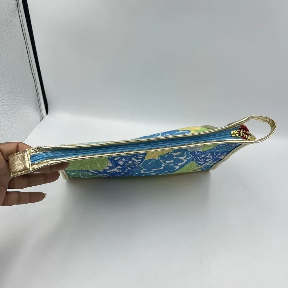 Estee Lauder Lilly Pulitzer Cosmetic Makeup bag Blue Green Gold Trim
